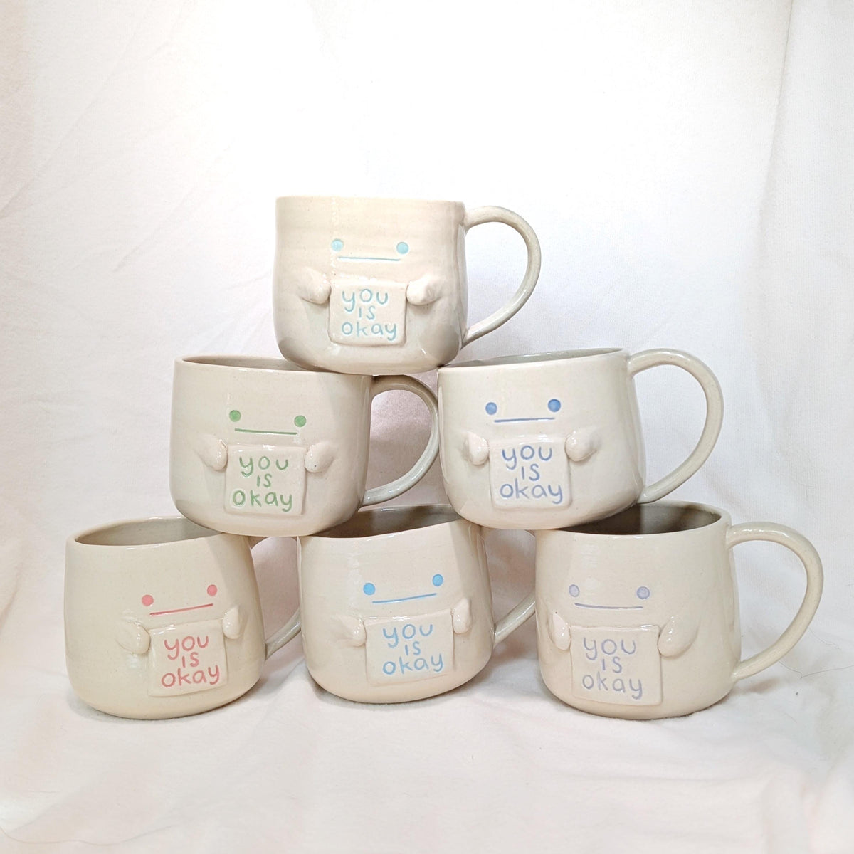 Hand-Thrown Ceramic Mug with "You Is Okay" Sign – Whimsical Face Mug